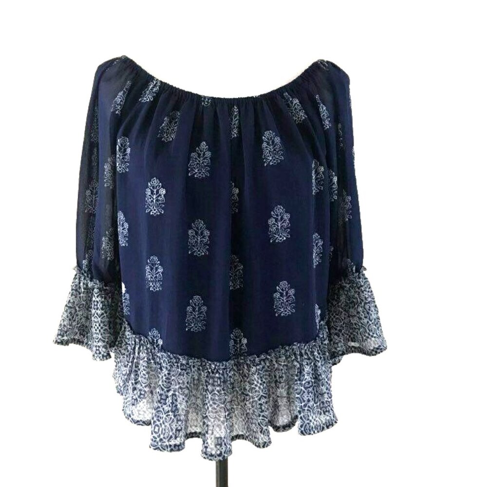 LUCKY BRAND Live in Love Boho Off The Shoulder Blouse Top Size Small Navy Blue